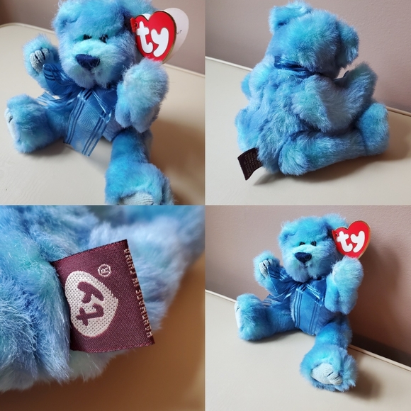 TY fuzzy blue bear stuffed animal plush Azure with bow and tags - Picture 5 of 5